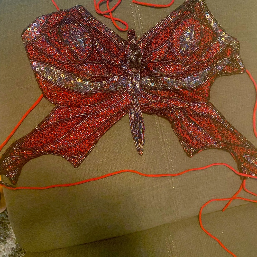 Beaded Vintage Butterfly Top in Red. Backless tie back